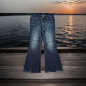 Maurices Everflex Mid Rise Flare Jeans 14 (35x32) Blue Distressed Stretch Women